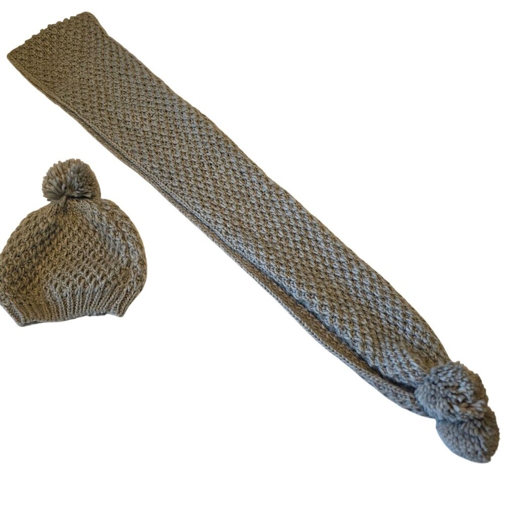 Knitted Gray Skinny Scarf & Beanie Hat Set With Pom-Poms By Rampage